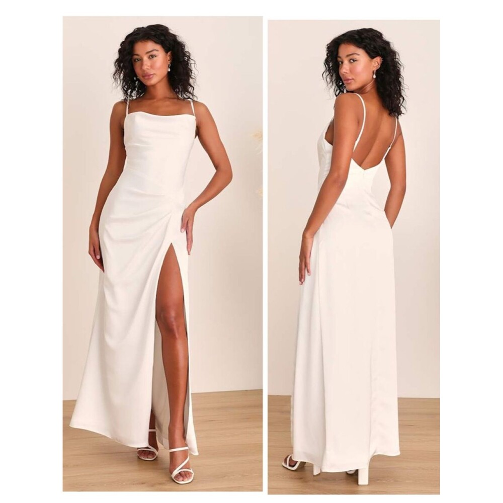 Lulus Here's to Love White Satin Backless Column Maxi Dress Size Large Wedding